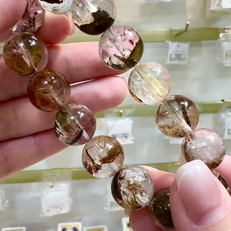精品天然红泥骸骨闪灵水晶15mm66g好运稳定情绪净化洞察力 - 手链/手环 - 水晶 红色