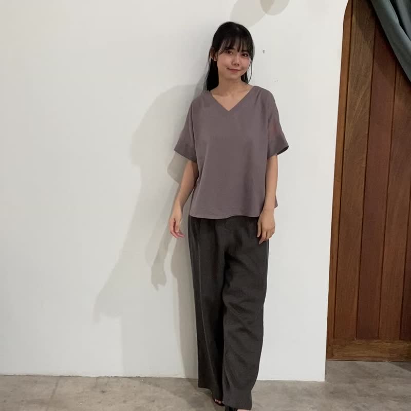 Natural Linen top with with Dark Brown Zigzag Hand-Stitching - Pinkish Brown - 女装上衣 - 亚麻 咖啡色