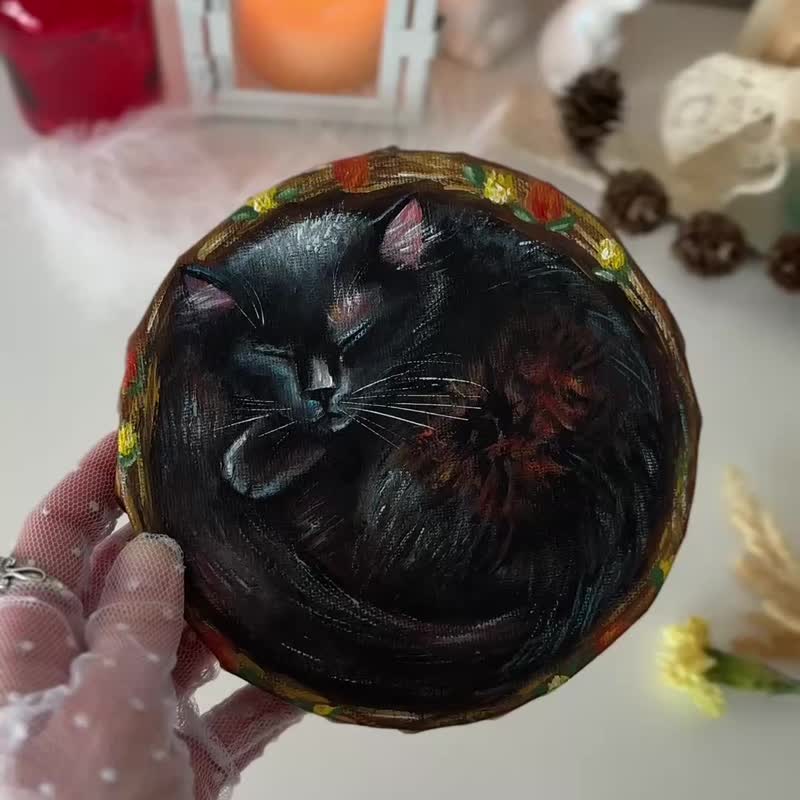 黑猫画布画作、沉睡猫咪壁饰、宠物肖像、动物画 - 墙贴/壁贴 - 棉 卡其色