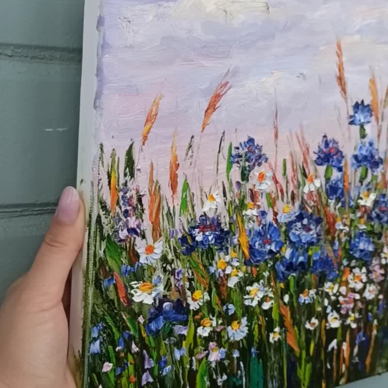 向日葵绘画花卉原创艺术雏菊厚涂花卉小帆布艺术 - 海报/装饰画/版画 - 棉 蓝色