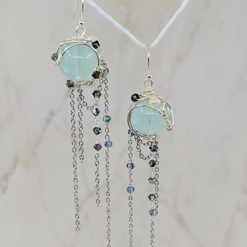 手工绕线 海蓝宝 施华洛水晶 长颈链 - 耳环/耳夹 - 其他金属 