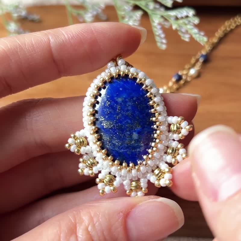 青金石 玻璃米珠x天然石 串珠吊坠 配宝石链 - 项链 - 水晶 蓝色