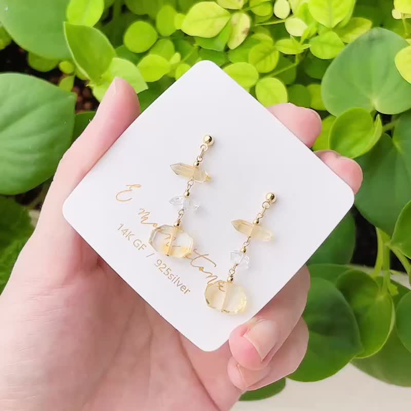 金流显化 /  轻珠宝轻柠黄水晶 宝石耳环 14K 注金 - 耳环/耳夹 - 水晶 黄色