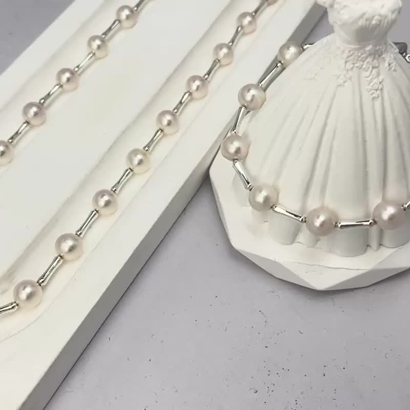 节节高 天然海水珍珠 akoya 淡淡樱花粉 炫彩 纯银 项链 手链 - 项链 - 珍珠 白色