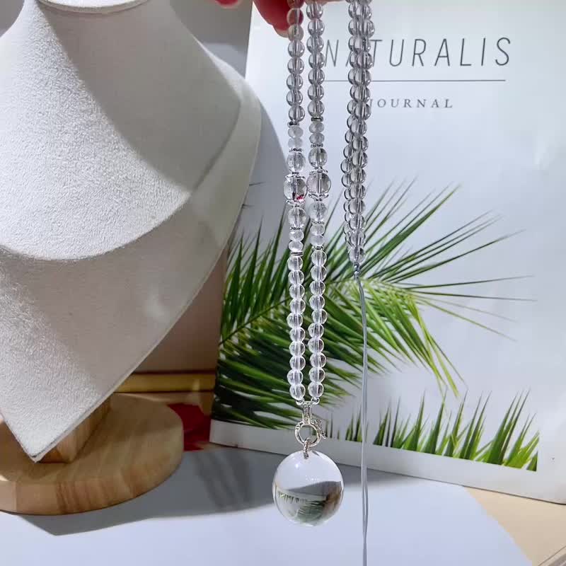 天然白水晶球项链 规格24毫米 搭配天然胶花 5毫米白水晶珠 - 项链 - 水晶 