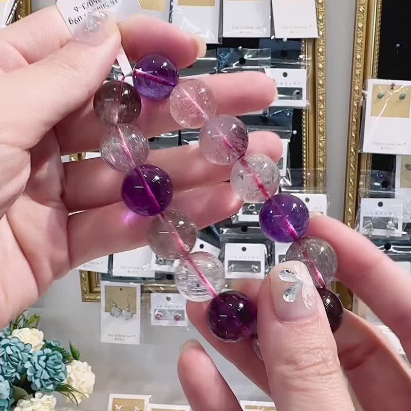 入门级天然超七带矿大珠15-15.5mm紫超七三轮骨干水晶多功能磁场 - 手链/手环 - 水晶 多色