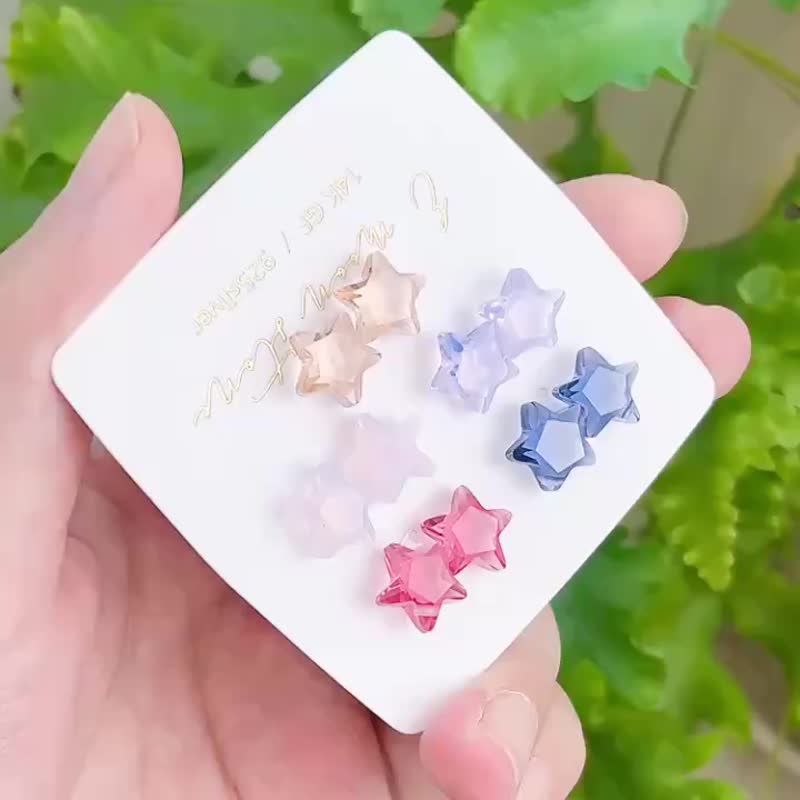 五芒石英石星星 高级工法超闪 可改夹式 14K 注金 - 耳环/耳夹 - 水晶 多色