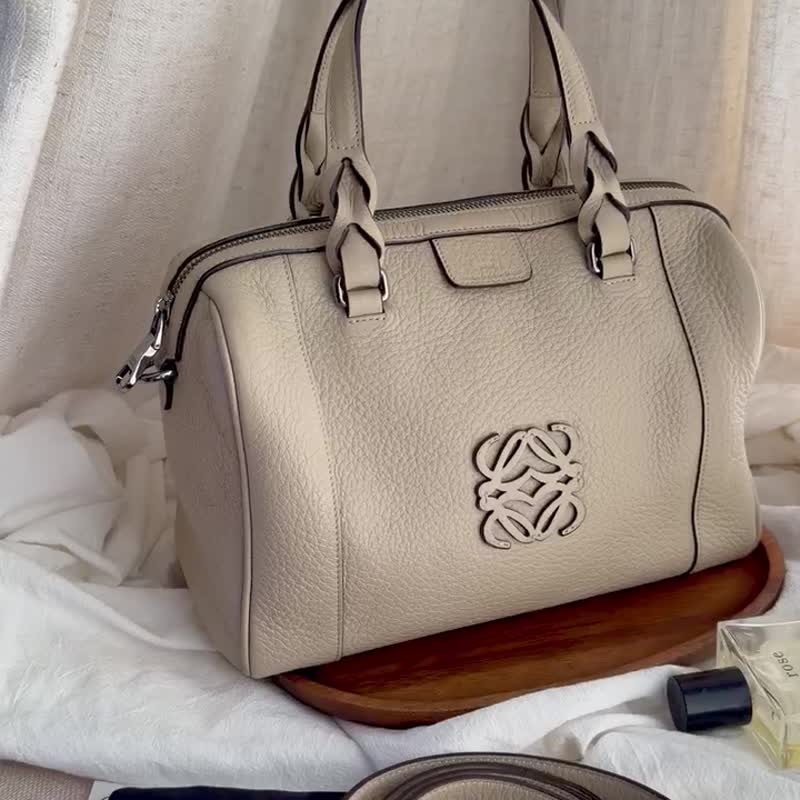 超美绝版中古包 Loewe vintage 灰米色牛皮波士顿包 - 侧背包/斜挎包 - 真皮 