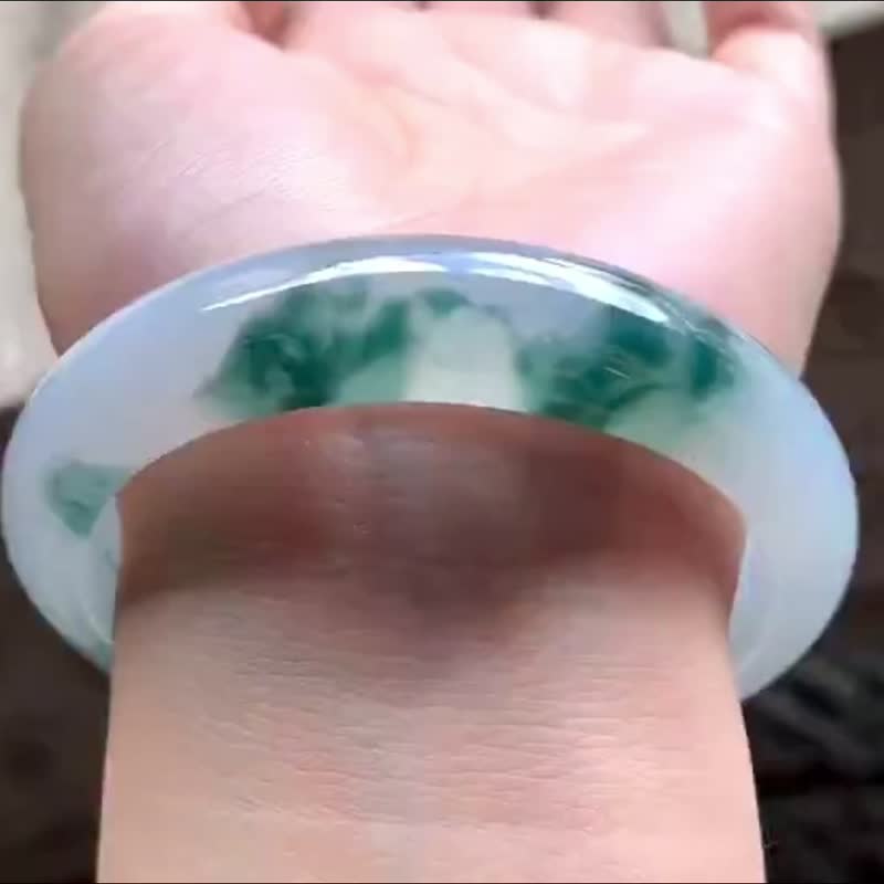 冰种 天然翡翠 缅甸 A玉 玉镯 • 冰种飘花翡翠福镯 - 手链/手环 - 玉石 蓝色