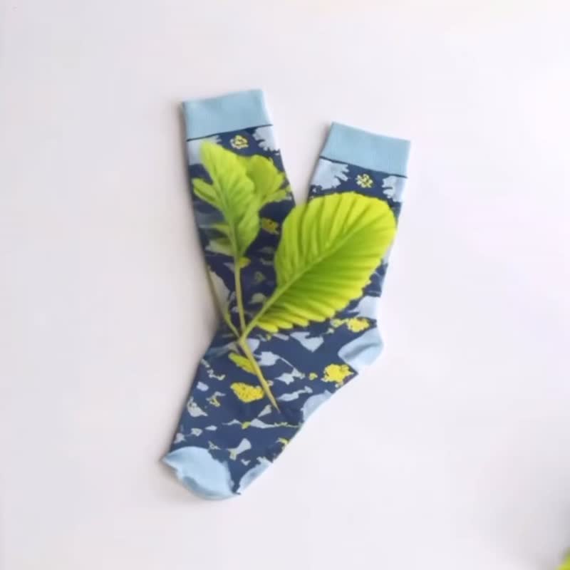 蕨织缇花中筒袜2. - 双扇蕨 | 袜子 女生礼物 百搭 蕨类 植物 穿0 - 袜子 - 聚酯纤维 蓝色