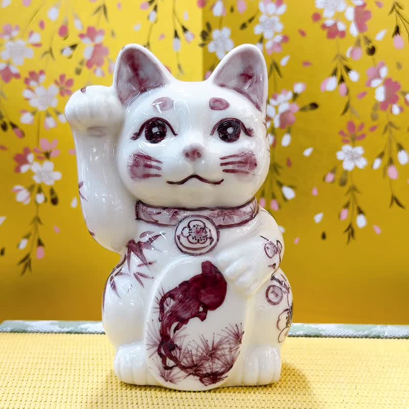 【染韻聚寶】日本清水燒招財貓 | 紫染付 - 梅 右 - 摆饰 - 瓷 白色