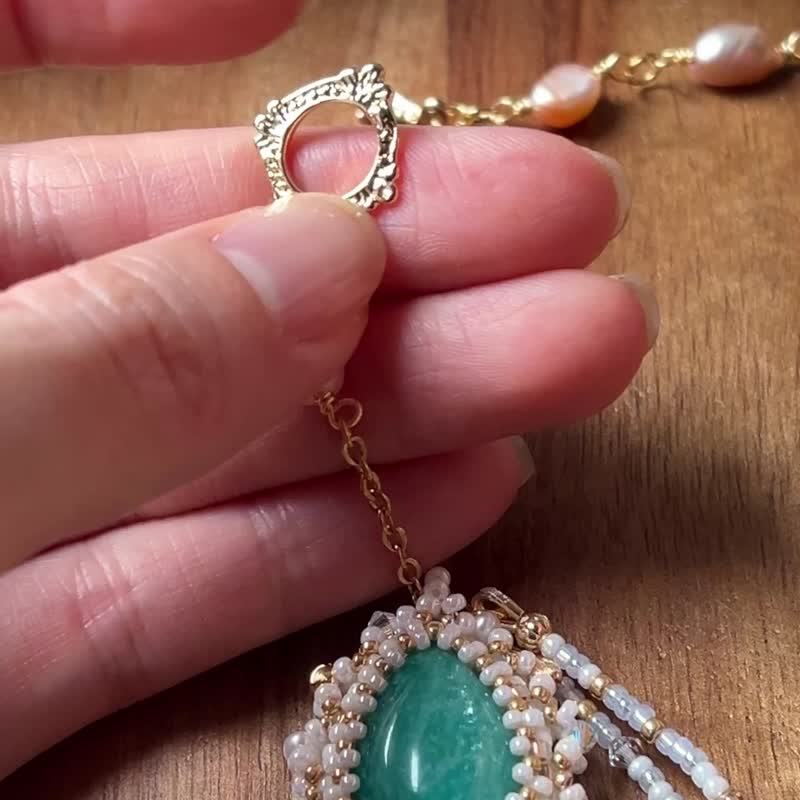 天河石 公主风 玻璃米珠x天然石 串珠吊坠 配宝石链 - 项链 - 水晶 白色