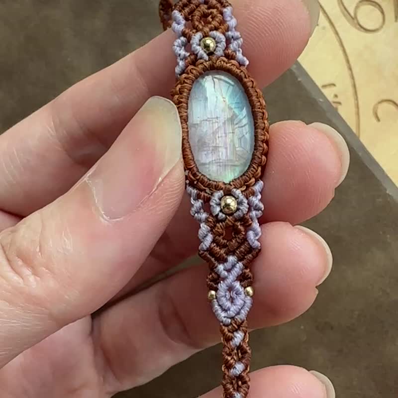 H353 民族风 蜡线编织 月光石 铜珠 手环 (可调长度)民族风 - 手链/手环 - 宝石 咖啡色
