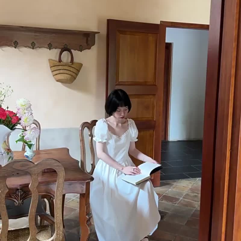 白色 在逃公主小白裙  短袖花邊V領洋裝 精緻蕾絲連身裙 - 洋装/连衣裙 - 棉 白色