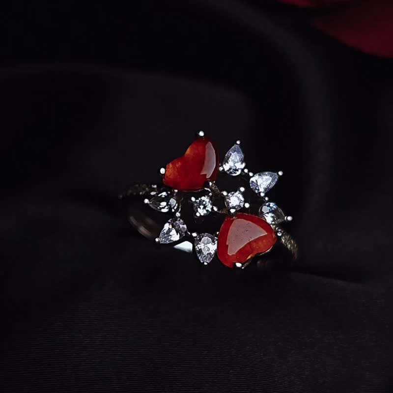 好运•姻缘•除秽|无烧冰玻红翡爱心|缅甸A货翡翠纯银戒指 - 戒指 - 玉石 