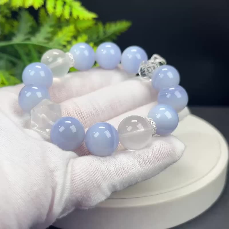 精品设计款多宝手串白水晶奶白晶蓝纹玛瑙搭配刻面珠降魔杵女解压 - 手链/手环 - 半宝石 多色