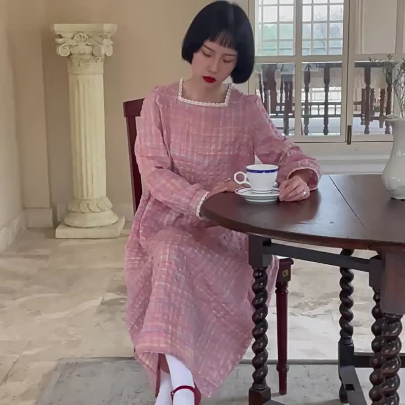 粉色泡泡格紋 復古甜美方領蘿莉洋裝  花邊拼接高腰腰帶連身裙 - 洋装/连衣裙 - 棉 粉红色