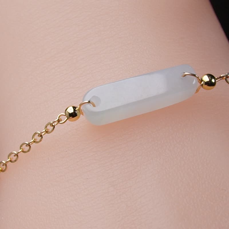 冰种翡翠无事牌手链 14K包金 | 天然缅甸玉A货翡翠 | 送礼 - 手链/手环 - 玉石 白色