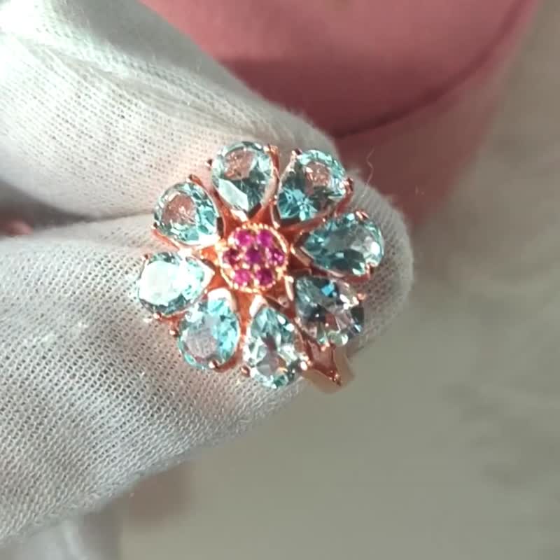 蓝宝石红宝石花朵戒指 925 纯银戒台 玫瑰金电镀 - 戒指 - 纯银 蓝色