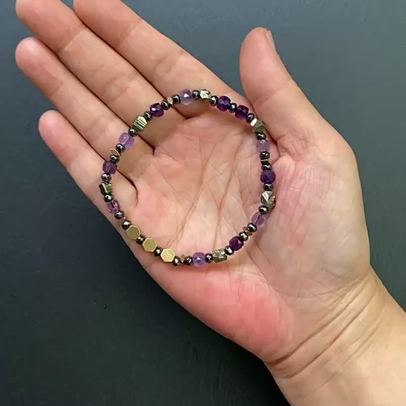 黄铁矿原石 紫水晶 黑胆石 智慧创意 招财 避邪 挡负能量 转运 - 手链/手环 - 水晶 多色