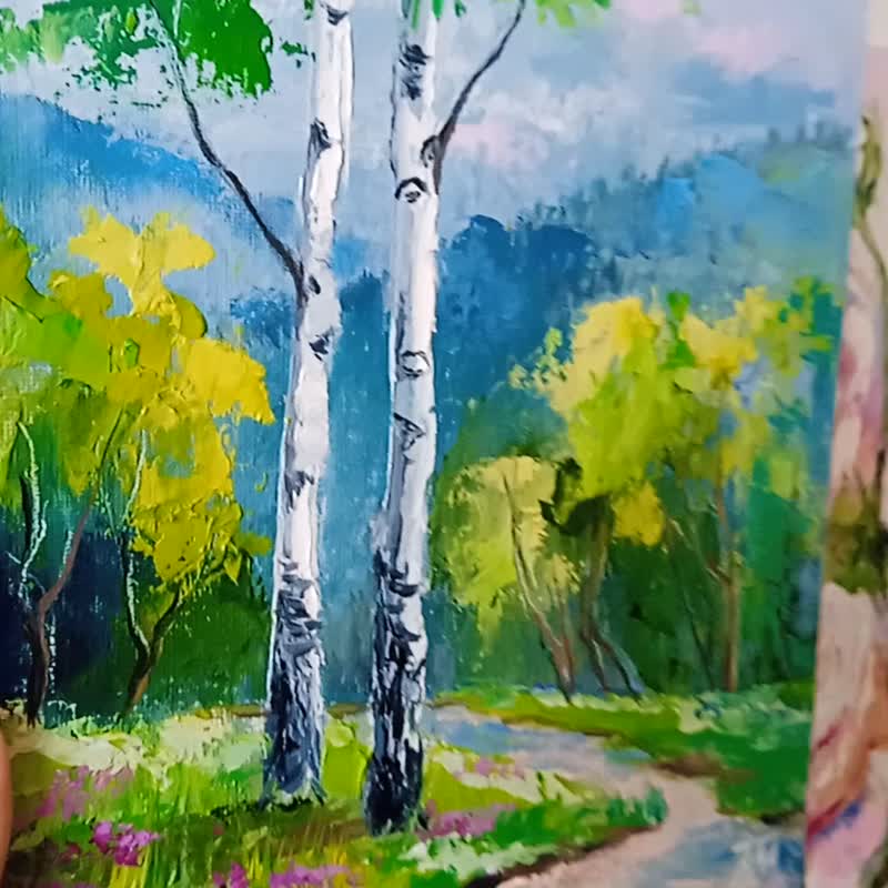 白桦树画原创艺术风景油画 7.8*11.8in - 海报/装饰画/版画 - 其他材质 绿色