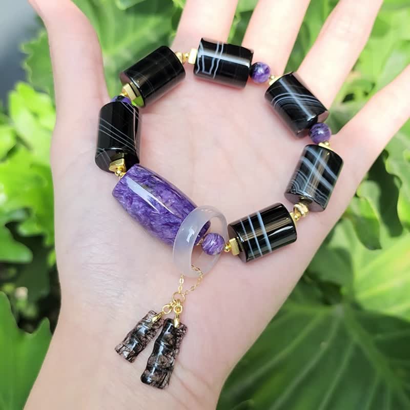 顶级紫龙晶 黑缠丝玛瑙 戒 黑发晶竹节 事业成功 智慧 手链 礼物 - 手链/手环 - 宝石 黑色