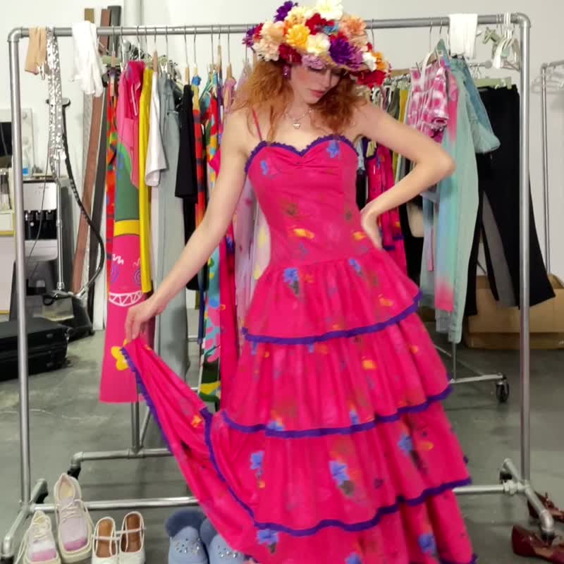 原创小众印花古着风复古大摆蛋糕裙 - 洋装/连衣裙 - 聚酯纤维 红色