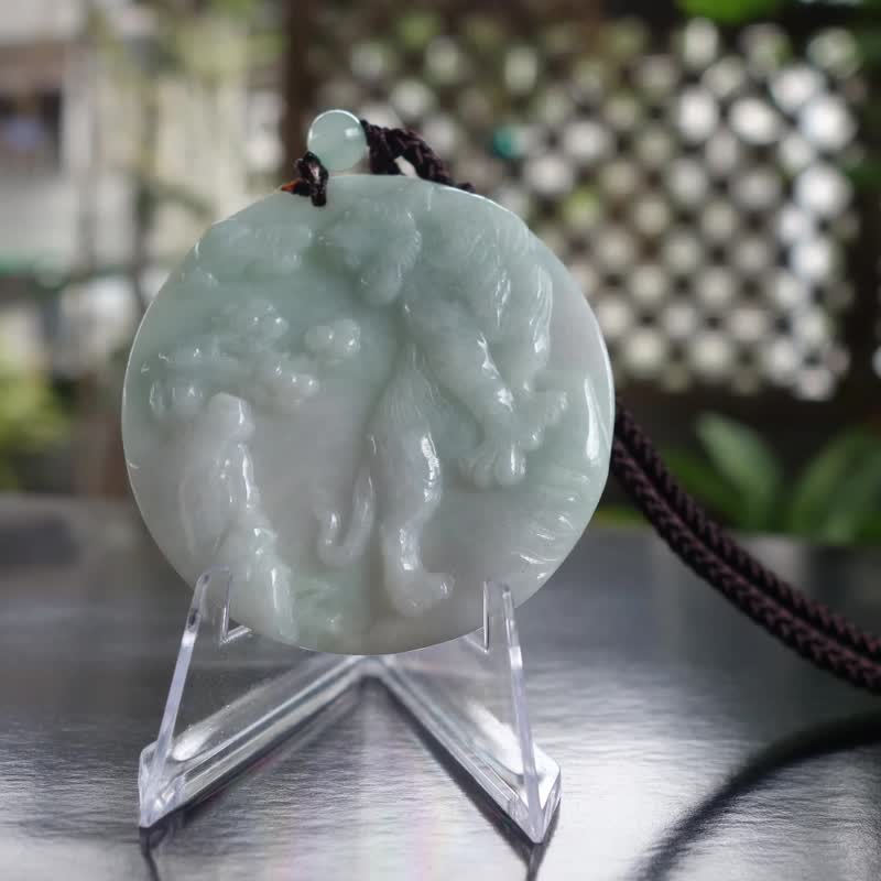 天然翡翠牌 43克 缅甸玉 A货 翡翠 白底青 玉牌吊坠 玉佩挂件 - 颈链 - 玉石 绿色