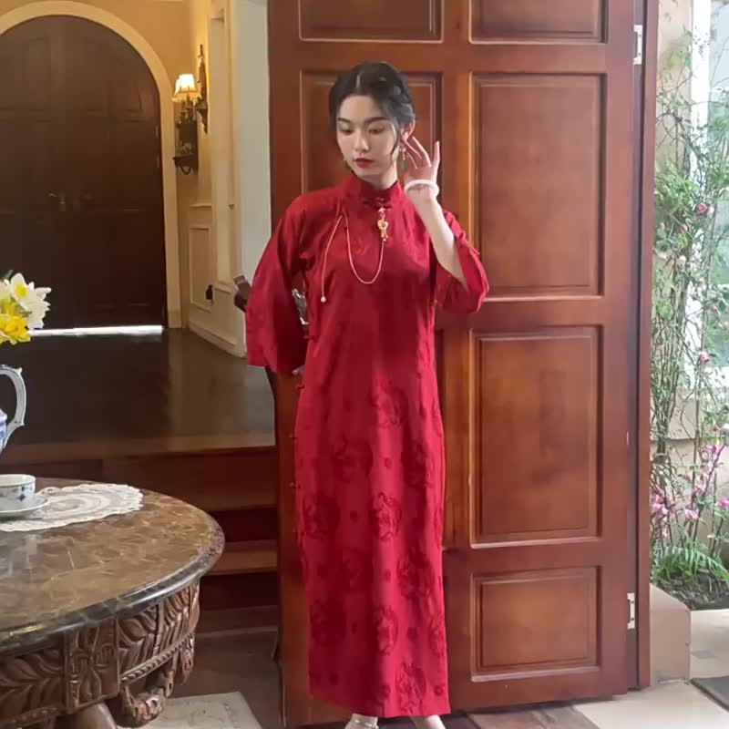 鳳求凰 全開襟盤扣倒大袖古法旗袍  復古改良中式新娘敬酒服禮服 - 旗袍 - 聚酯纤维 红色