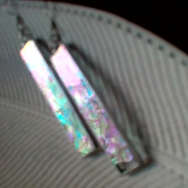 玻璃耳環 幾何 Iridescent glass mosaic earrings. stained glass cute rectangle earrings. - 耳环/耳夹 - 玻璃 透明