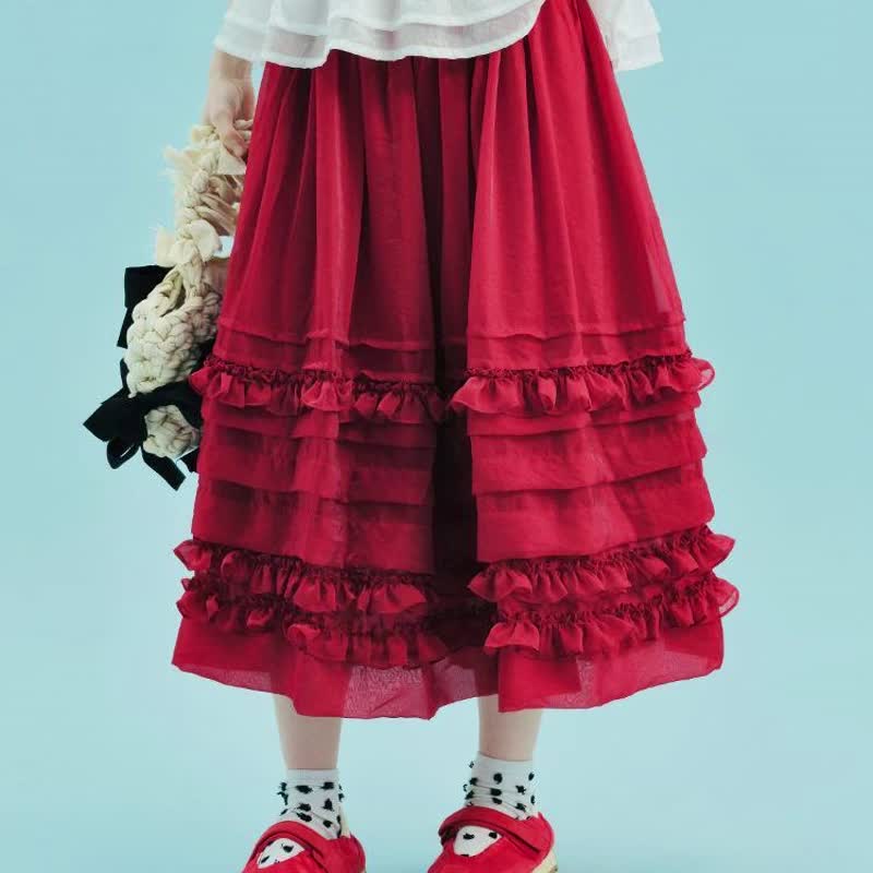 红色亮纱缀花层次半身裙 / 裙子 - 裙子 - 其他材质 红色