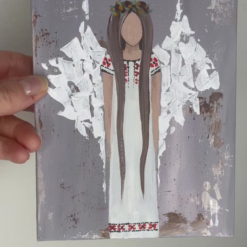 Angel painting Guardian Angel Small painting Gift for mom - 墙贴/壁贴 - 其他材质 银色