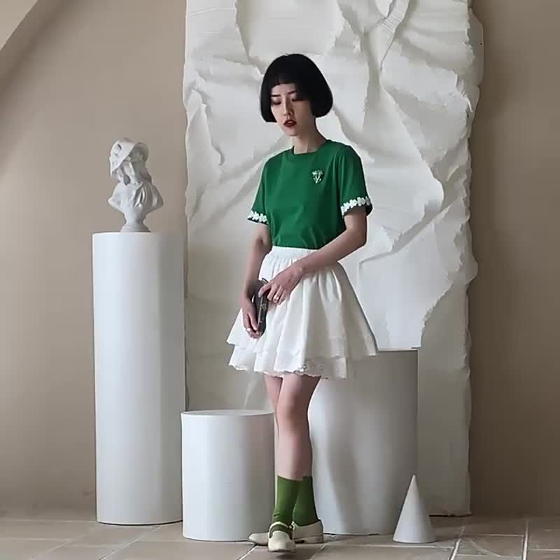 綠色 日系圓領修身百搭花邊短袖T恤 袖口蝴蝶結軟fufu小白上衣 - 女装 T 恤 - 棉．麻 绿色