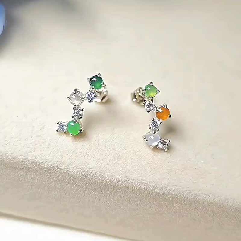|五行转好运|A货翡翠冰多彩彩虹蛋面3mm纯银镀18k多宝款耳环 - 耳环/耳夹 - 玉石 