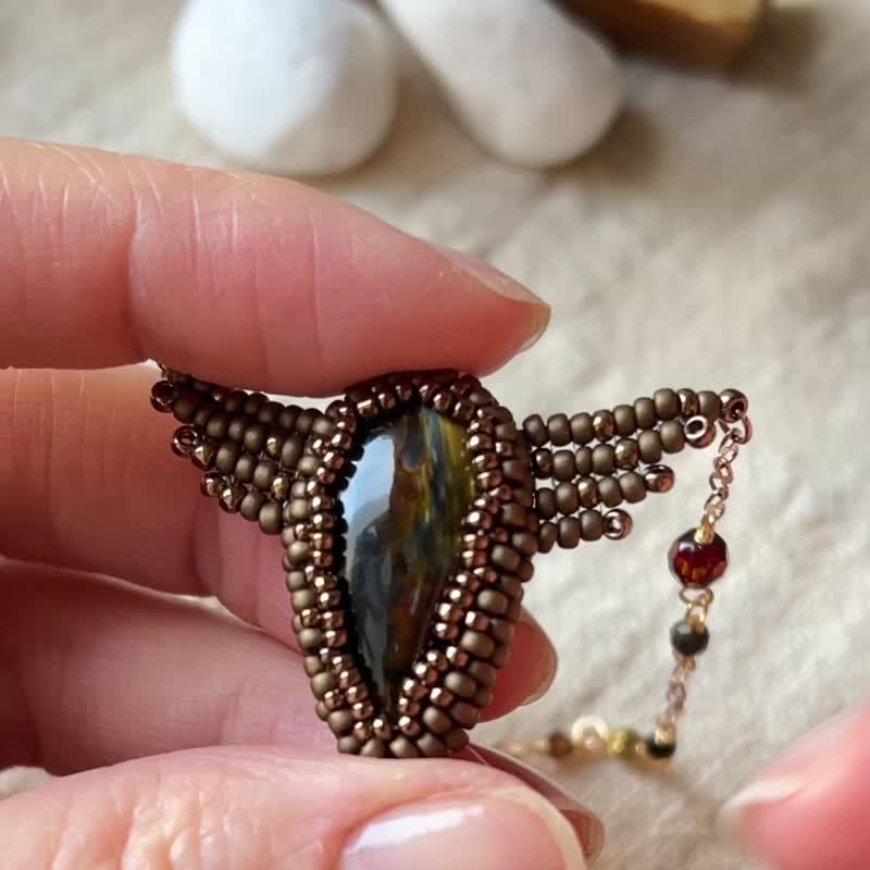 玻璃米珠x天然石 彼得石 串珠吊坠 配宝石 锁骨链 - 项链 - 水晶 金色