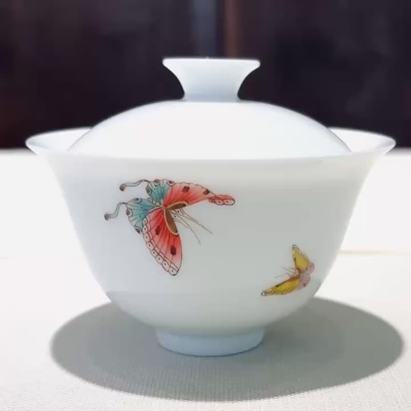 自慢监制 不言美器 釉中彩 玉瓷 盖杯 蝴蝶 - 茶具/茶杯 - 瓷 