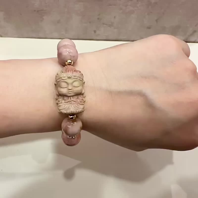 阿拉善玛瑙 精雕观音 心经 白水晶 粉晶 招桃花 保平安 保佑 - 手链/手环 - 玉石 粉红色