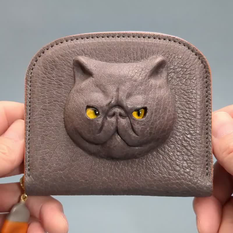 3D 异国短毛猫 皮革钱包 – 独特日本手工制作 - 皮夹/钱包 - 真皮 灰色