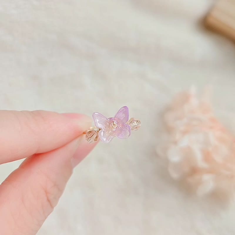 14K包金 戒指 蝴蝶 可调整 开口戒 小巧 礼物 情人节 七夕 粉 - 戒指 - 树脂 粉红色