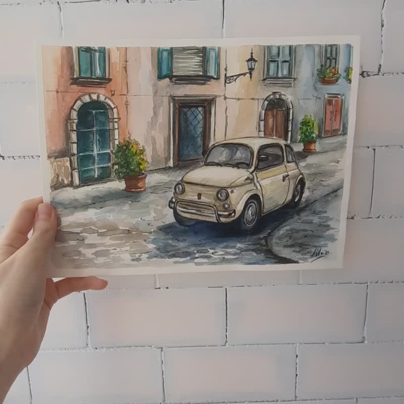 复古汽车绘画水彩画原创艺术风景意大利城市景观 - 海报/装饰画/版画 - 纸 多色