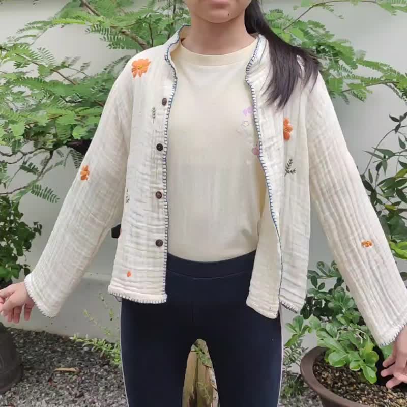 Girl Orange Flower 橘色小花手绣长袖罩衫 - 女装休闲/机能外套 - 棉．麻 白色