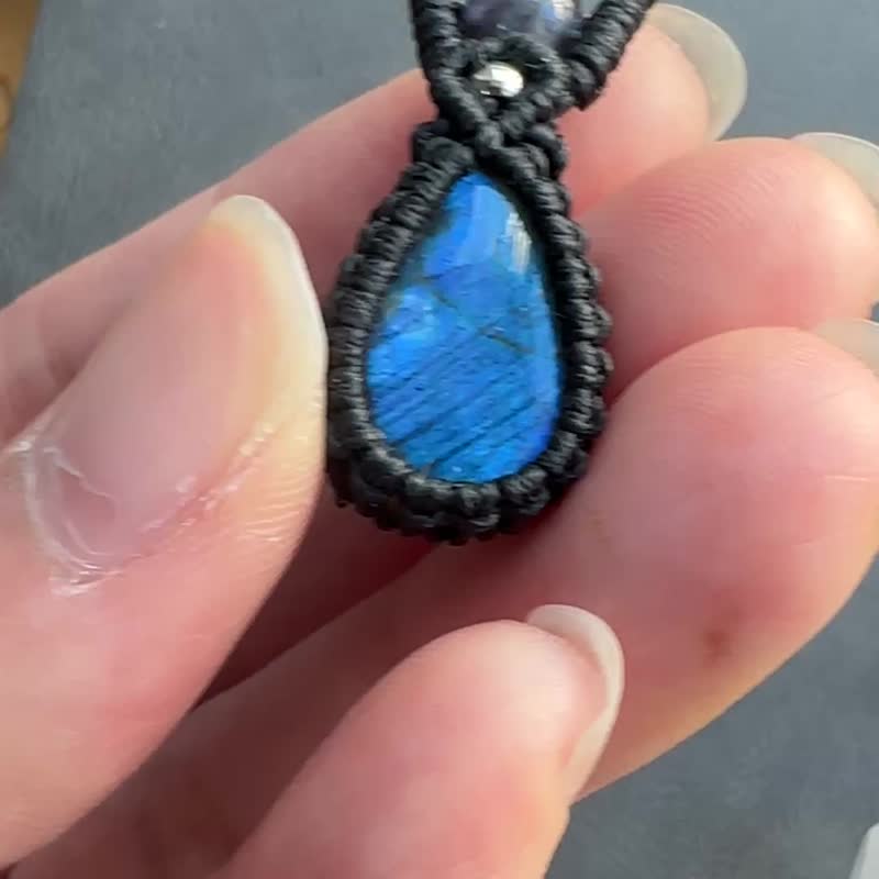 CSP96 简约民族风 蜡线编织 拉长石 项链 (可调长度) - 项链 - 宝石 黑色