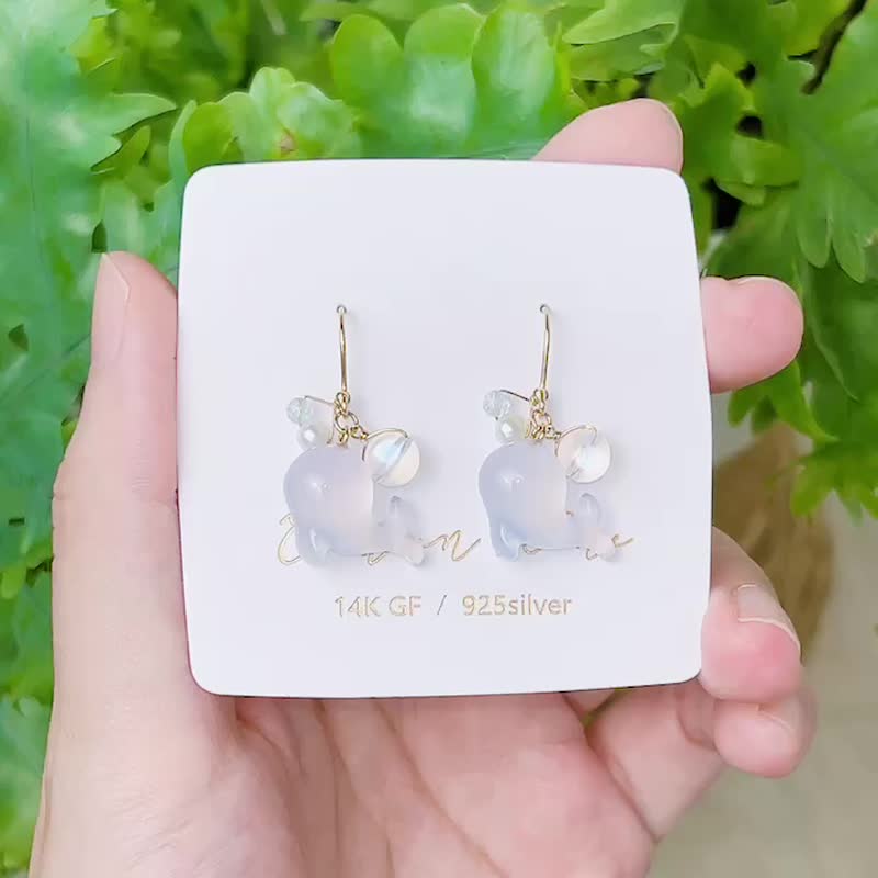 蔚蓝大海 天然玛瑙石奶蓝小鲸鱼 月光石泡泡珍珠耳环 - 耳环/耳夹 - 玉石 蓝色