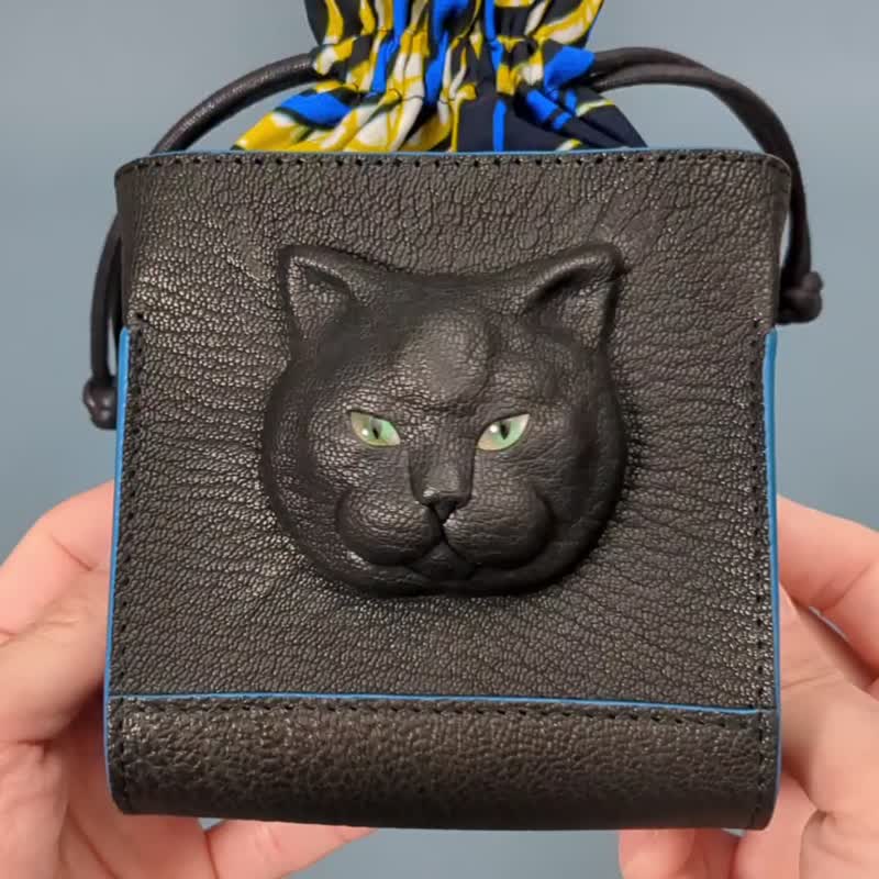 3D 英国短毛猫 皮革束口包 – 独特日本手工制作 - 侧背包/斜挎包 - 真皮 黑色