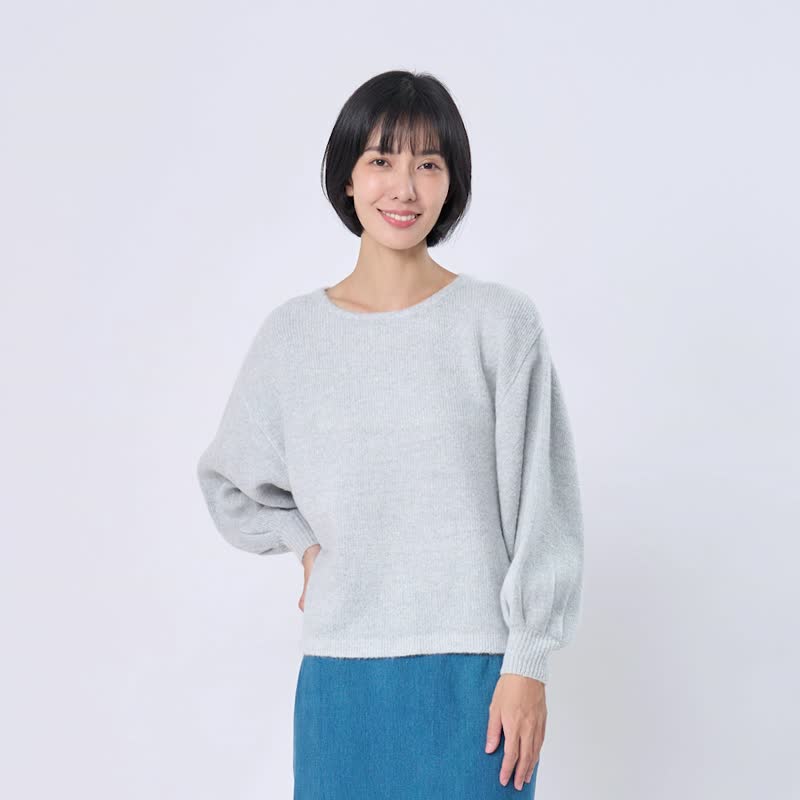 Ivy大寬袖短版針織衫毛衣/ 銀灰 - 女装针织衫/毛衣 - 棉．麻 灰色