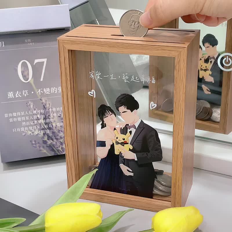 透明压克力木框存钱筒 结婚礼物 纪念日 新婚小礼 定制化 开幕 - 储蓄罐 - 木头 咖啡色