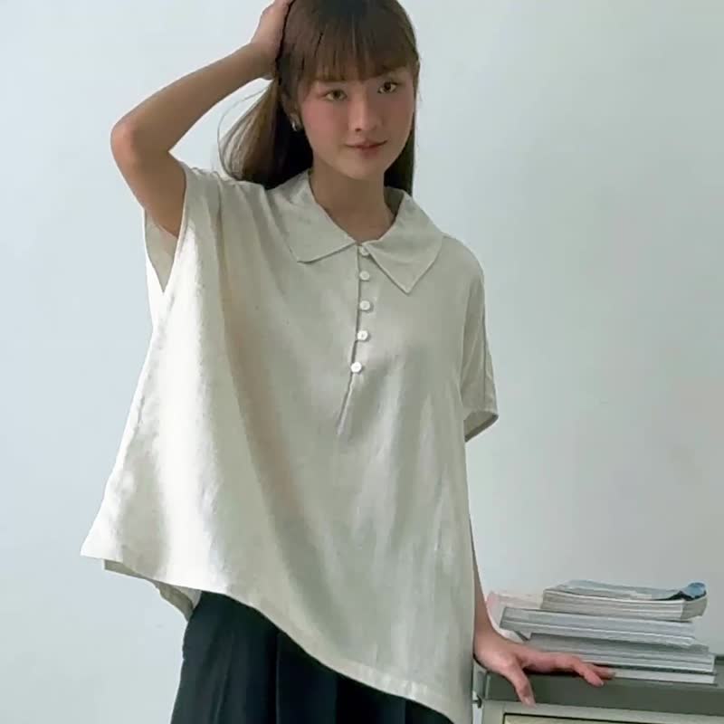 彼得潘领 Polo 衫 棉麻上衣 自然色 - 女装上衣 - 棉 白色