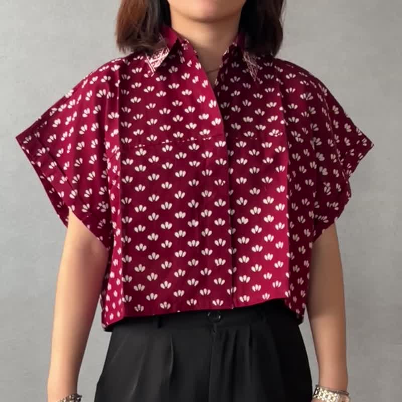 印尼蜡染可爱少女风短版衬衫 PUPUT - 红冠 - PUP027 - 女装上衣 - 棉．麻 红色