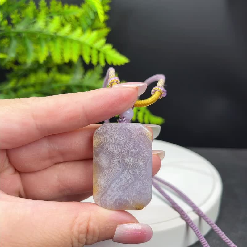 优质精选天然冰灰紫飘黄珊瑚玉吊坠冰润玉化老料虫纹长方形无事牌 - 项链 - 玉石 