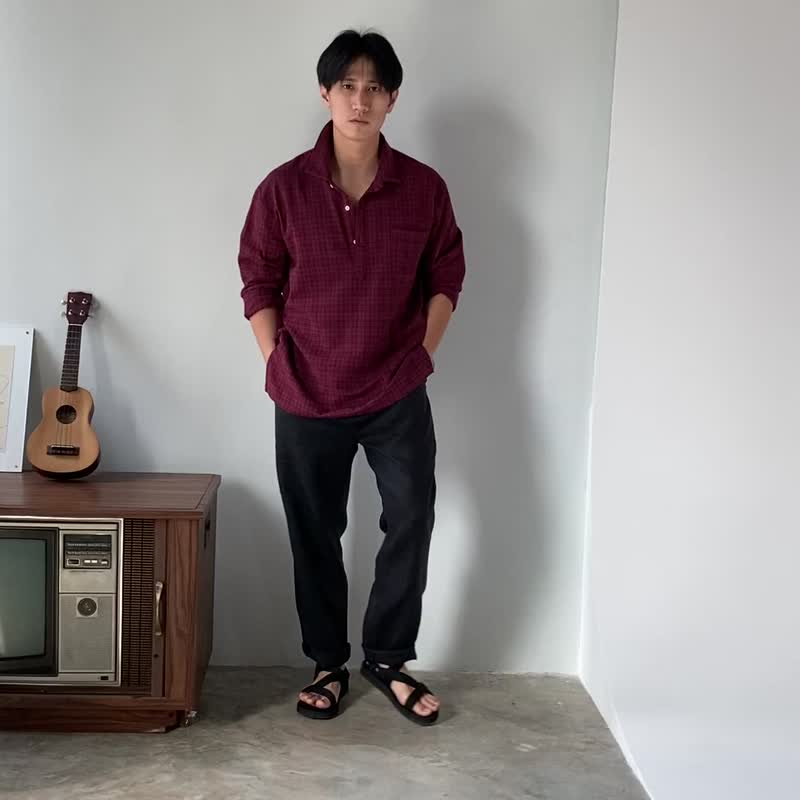 Blue & J Natural Cotton White Buttons Shirt - Dark Red - 男装衬衫 - 棉 红色
